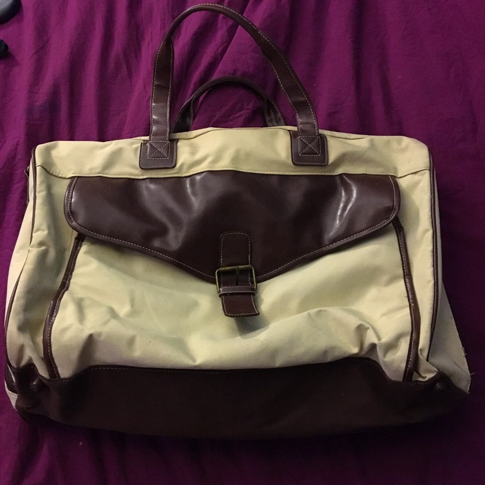 Cream & Brown Canvas & Vinyl Messenger Travel Bag with Double Strap Handles